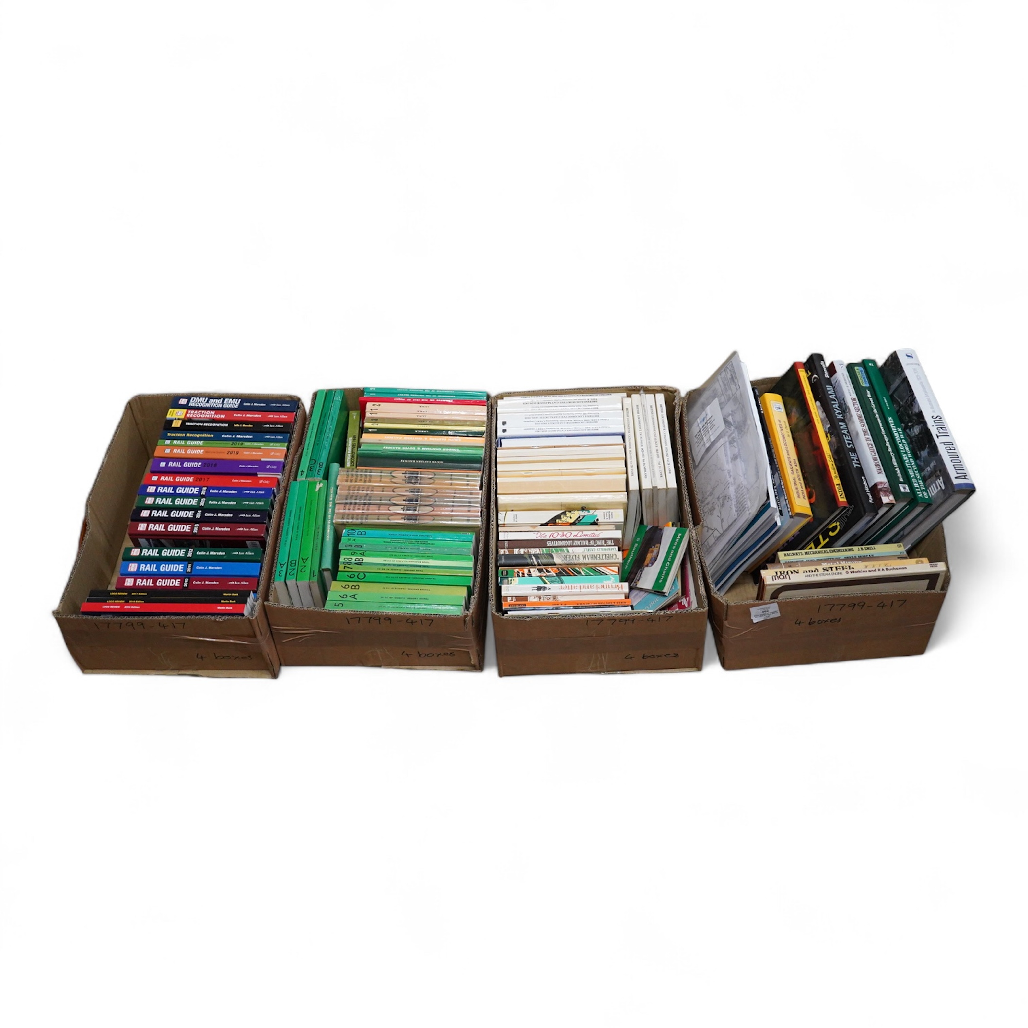 Four boxes of Railway related books, subjects include; Rail Guide ABC year books, Locomotive and Train Working in the 19th century, British Locomotive Catalogue, Armoured Trains, etc., publishers include; Pen & Sword, He